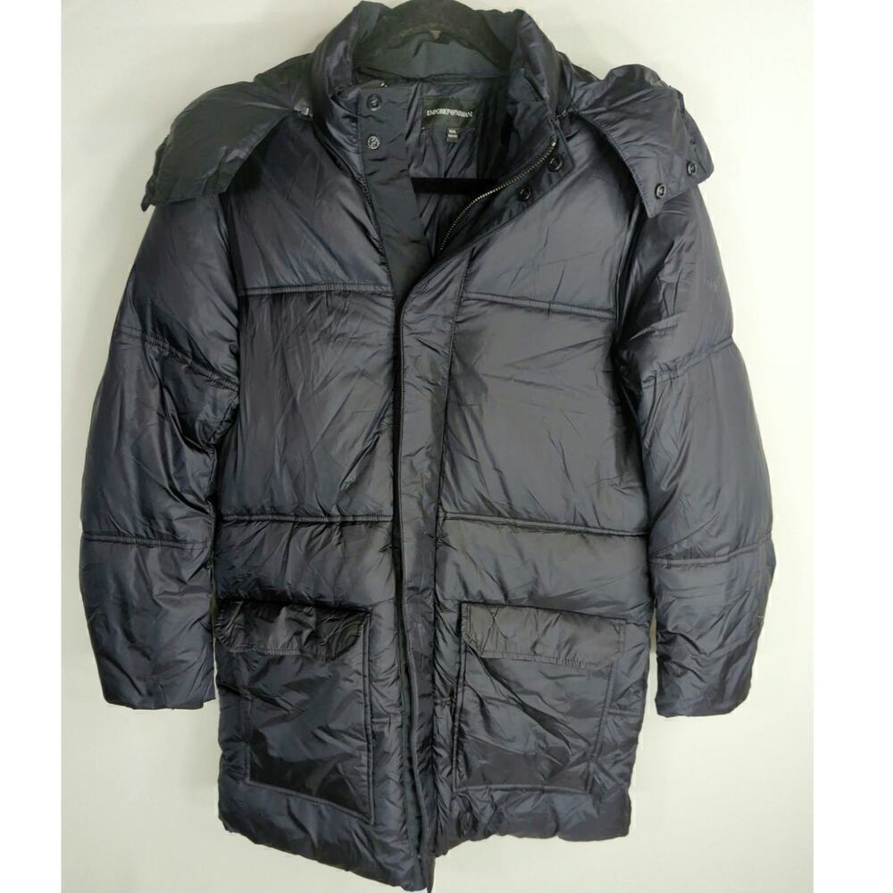 Emporio Armani Women's Detachable Zipper Hoody Puffer Jackets Navy Blue Size L
